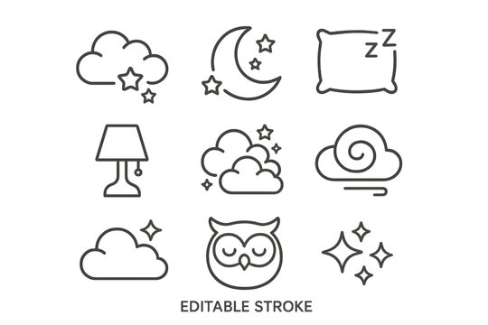 Sleep-themed icon set with clouds, moon, and owl