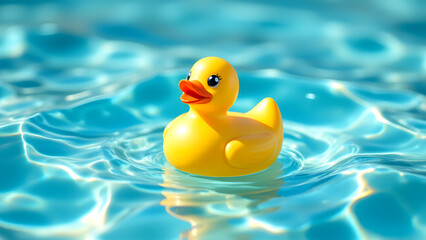 Rubber Duck's Aquatic Adventure: A vibrant yellow rubber duck floats serenely atop a rippling expanse of refreshing, crystal-clear water. the simple elegance of summer.