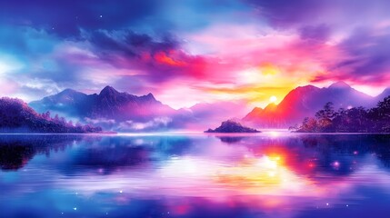 Fototapeta premium Vibrant sunset over tranquil lake, majestic mountains, fantasy sky, peaceful scene
