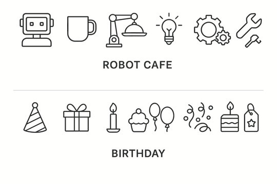 Robot cafe and birthday celebration icons: technology meets festivity - Powered by Adobe