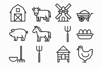 Set of farm icons: barn, cow, windmill, pig, horse, hay, eggs, hen house, chicken