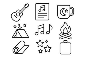 Campfire music and night camping icons with guitar, notes, and stars