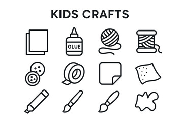Kids crafts icons: glue, yarn, buttons, tape, markers, brushes