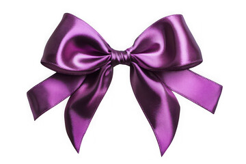 Elegant purple ribbon bow decoration, festive gift wrapping element, shiny fabric texture, isolated on transparent background