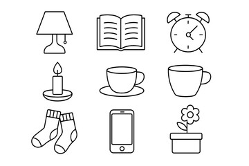 Cozy home icons: lamp, book, clock, candle, mugs, socks, phone, plant