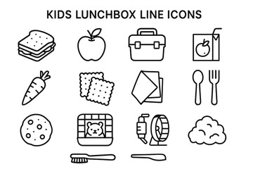 Kids lunchbox line icons: sandwich, apple, juice, carrot, cookies, cutlery, napkin