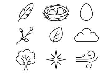 Naklejka premium Spring nature icons: leaves, nest, egg, cloud, tree, wind, feather, branch, star