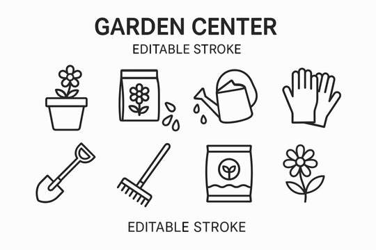 Garden center icon set: tools, plants, gloves, watering can, seeds, flowers