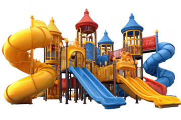 Colorful playground structure with slides and towers