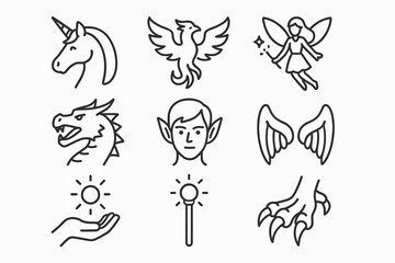 Fototapeta premium Mythical creatures and magical elements line icons set