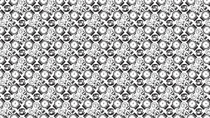 A repeating pattern of clocks hourglasses and twenty four hour symbols in black and white design