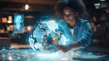 Young woman exploring futuristic technology with digital hologram globe and innovative interface, focused immersive digital innovation - Powered by Adobe
