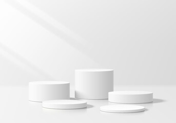 3D white round podium set background with light and shadow. Abstract geometric composition in minimalist design. 3D studio display showroom product pedestal, Fashion stage showcase mockup scene.