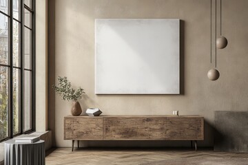 A white wooden frame is placed on a cabinet, with green plants. A blank framed canvas on a beige wall above a wooden sideboard in a modern interior with natural light from a large window.
