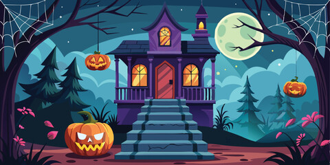 Spooky haunted house with pumpkins and a full moon in the dark night scene