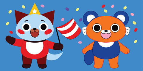 Cartoon fox with party hat and flag next to cartoon bear against blue background with confetti falling