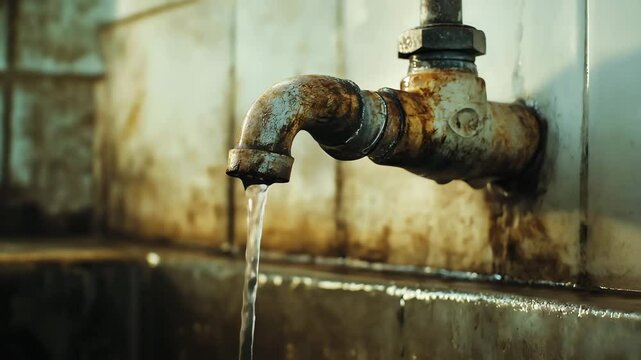 An old, rusted faucet with water slowly dripping from its spout. Water scarcity, environmental concern, and the passage of time	