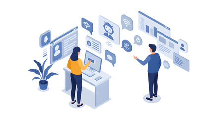 "Isometric AI assistant interacting with user in a smart tech environment"