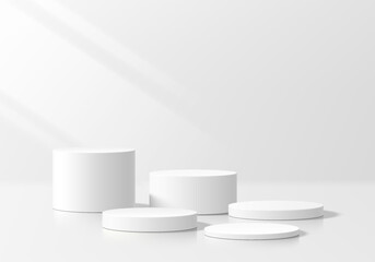3D white round podium set background with light and shadow. Abstract geometric composition in minimalist design. 3D studio display showroom product pedestal, Fashion stage showcase mockup scene.