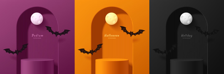 Set of 3D orange, purple and black podium background in Halloween festival with flying bat. Abstract minimalist design. Studio display showroom stands product pedestal, Stage showcase mockup scene.
