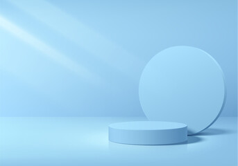 3D blue round podium background with circle backdrop. Abstract geometric composition in minimalist design. Studio display showroom product pedestal, Fashion stage for showcases mockup wall scene.