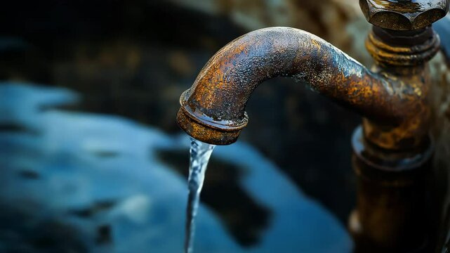 An old, rusted faucet with water slowly dripping from its spout. Water scarcity, environmental concern, and the passage of time	