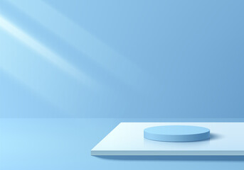 3D blue round podium background on white cube pedestal on floor. Abstract geometric composition in minimalist design. Studio display showroom product pedestal, Fashion stage showcase mockup wall scene