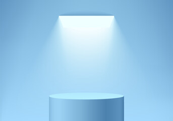 3D blue round podium background with glowing ceiling lighting. Abstract geometric composition in minimalist design. Studio display showroom product pedestal, Fashion stage showcase, Mockup wall scene.