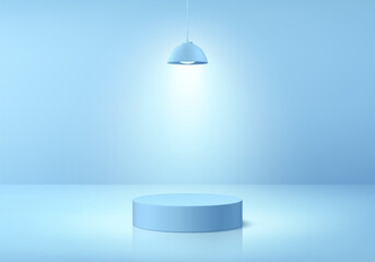 3D round blue podium with glowing ceiling neon lighting background. Abstract composition minimalist design. Studio display showroom stands product pedestal, Fashion stage showcases mockup wall scene.