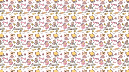 Whimsical pattern featuring books computers rockets rainbows and hearts on a white background design