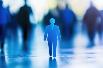 A man in a blue suit walks in front of a group of people. Blue figure emerging in sharp focus among blurred figures leadership theme.