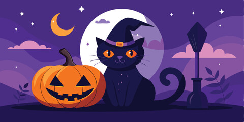 Illustration of a black cat with a witch hat next to a pumpkin with a moon and stars in the background