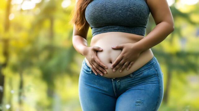 Overweight fat woman holding tummy with obesity, Go on unhealthy diet	