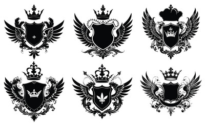 Royal Heraldic Crest Vector Set with Crowns, Wings, Shields, and Lions Vintage Emblem Design Collection for Logos and Branding, Vector shield eps, Black and White shield vector