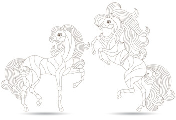 A set of contour illustrations in the style of a stained glass window with cute horses, dark outlines on a white background