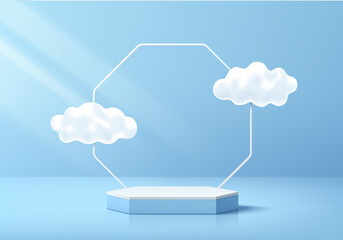3D Blue hexagon podium with white frame and cloud background. Abstract geometric composition minimalist design. Studio display showroom stands product pedestal, Fashion stage showcase mockup scene.