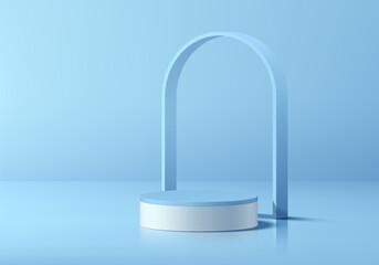 Blue round podium 3D background with arch frame backdrop. Abstract composition in minimalist design. 3D studio display showroom product pedestal, Fashion stage showcase mockup wall scene. Vector EPS10