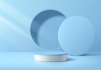 Blue podium 3D background with vertical pattern in circle window on wall. Abstract composition minimalist design. Studio display showroom cosmetic product pedestal, Fashion stage showcase mockup scene