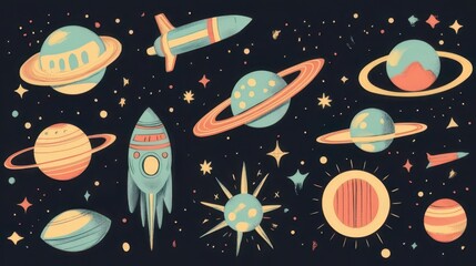 Spaceships exploring colorful planets and stars in a dark universe