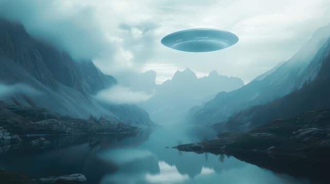 Ufo flying over mountain lake with misty pine forest - Powered by Adobe