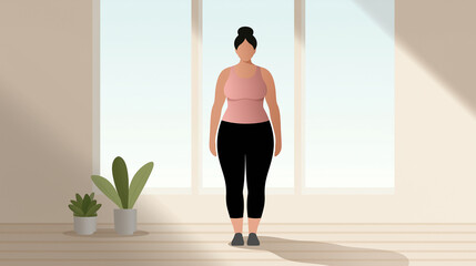 Body positive curvy woman practicing yoga in a bright room with plants near the window, promoting self acceptance, healthy lifestyle, and mindfulness