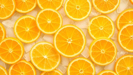 Obraz premium Close-up top view of juicy orange slices with ice cubes. Refreshing, vibrant citrus texture ideal for summer, drink, and food concepts. Bright, clean background for commercial use.