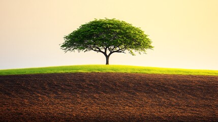 Obraz premium Solitary Tree on Verdant Hill with Rich Soil in Peaceful Ambiance