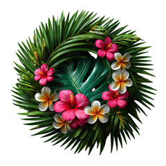 Tropical palm leaf garland ring with flowers, isolated on transparent background
