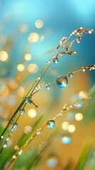 Fresh grass blades covered with dew drops reflecting sunlight in a dreamlike atmosphere