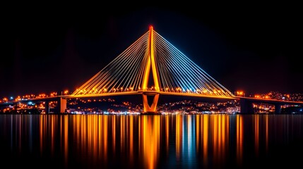 Obraz premium Illuminated cable-stayed bridge at night, city reflection