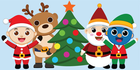 Cartoon christmas characters including santa claus reindeer and elf standing near christmas tree