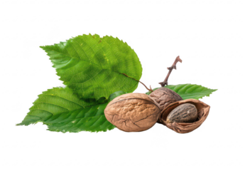 Walnuts nestled beneath vibrant leaves