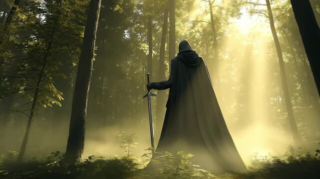 A knight in cloaked black holding a sword walking through a misty forest	
