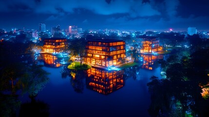 Fototapeta premium Night aerial view illuminated lake buildings, city skyline